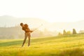 Professional Golfer asian man swing and hitting golf ball practice at golf driving range and fairway in sunny morning day on club Royalty Free Stock Photo