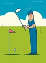 Professional golfer playing golf on the golf course. Vector cartoon illustration