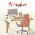 Professional Graphic Designer Hand Drawn Workplace with Table, Computer and Tablet. Creative Work