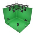 Professional Green Screen Studio Setup with Lighting Rigs and Stands on White Background Royalty Free Stock Photo