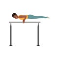 Professional gymnast training on parallel bars. Teen boy in sportswear. Artistic gymnastics. Olympic sport. Cartoon Afro