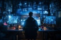 A professional hacker, hooded and enigmatic, seated in front of a bank of multiple computer screens