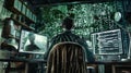 A professional hacker silently works at their computer desk, focused on infiltrating secure systems