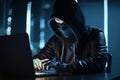 Professional hacker at work in virtual reality glasses. Network security and privacy crime. Generative ai