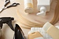 Professional hair care products on wooden table elevated view Royalty Free Stock Photo