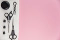 Professional hair dresser tools with copy space. Hair stylist equipment set on pink background. Royalty Free Stock Photo