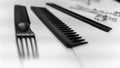 Groomer, barber and hairstyle website and print image of professional combs and scissors set. Royalty Free Stock Photo