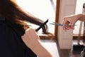 Professional hairdresser cutting woman`s hair in beauty salon, closeup Royalty Free Stock Photo