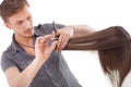 Professional hairdresser with long hair model