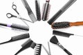 Professional hairdresser\'s tools on white background, top view Royalty Free Stock Photo