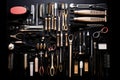 Professional hairdresser tools on black background. Top view, Full frame of professional hairdresser tools against a black Royalty Free Stock Photo