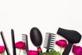 Professional hairdresser tools with red flowers on white background, copy space Royalty Free Stock Photo