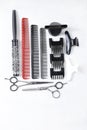 Professional hairdresser tools for stylists and hairdressers. on a white background , vertical, copy space