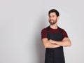 Professional hairdresser wearing apron with on light grey background, space for text