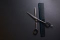 professional hairdressers scissors and comb on black background. Beauty salon equipment. Stylish Professional Barber, Haircut