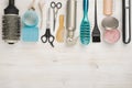 Professional hairdressing tools and accessories with copyspace at the bottom Royalty Free Stock Photo