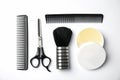 Professional hairstyling tools on background, flat lay
