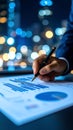 Professional hand with pen analyzing financial data on charts against blurred city lights at night Royalty Free Stock Photo