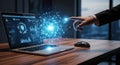 Businessman touching glowing holographic network sphere emerging laptop screen with complex data dashboards, for Royalty Free Stock Photo