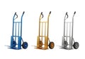 Professional hand trucks blue gold silver for efficient cargo transport and logistics Royalty Free Stock Photo