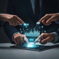 Professional hands collaboratively manipulate a glowing holographic 3D data graph projected from a tablet, captured in a cinematic Royalty Free Stock Photo