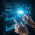 Professional hands interact with a stunning photorealistic blue holographic interface visualizing massive corporate financial data Royalty Free Stock Photo