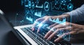 Professional Hands Typing on Laptop with Data Network Overlay for Digital Analysis and Visualization Royalty Free Stock Photo