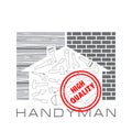 Professional handyman services. Banner template with tools collection. House silhouette with brick wall and wood texture. Red st
