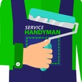 Professional handyman services logo. Handyman dressed in a blue jumpsuit holding a roller to paint.