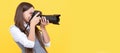 professional. happy child photographing. school of photography. hobby or career. Child photographer with camera Royalty Free Stock Photo