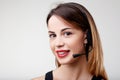 Professional headset woman, courteous assistant, six languages