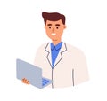 Professional health worker or medical student using laptop. Happy smiling doctor in coat. Colored flat cartoon vector