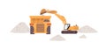 Professional heavy equipment and machinery for mine industry. Yellow excavator with scoop loading marble into dump truck