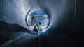 Professional Heavy Industry Welder Working Inside Pipe, Wears Helmet and Starts Welding. Construct Royalty Free Stock Photo