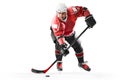 Professional ice hockey player in action on white backgound