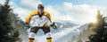 Professional hockey player. Sports emotions. Isolated on ice. Hockey player on an outdoor skating rink in the forest Royalty Free Stock Photo