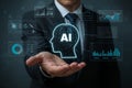 Professional Holding Virtual AI Head with Data Analytics and Machine Learning Dashboard. Royalty Free Stock Photo