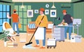 Professional home cleaning services, cleaning every part of house, mopping the floor and cleaning the window vector illustration
