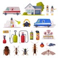 Professional Home Pest Control Set, Exterminator, Service Van, Exterminating and Protecting Equipment, Harmful Insects Royalty Free Stock Photo