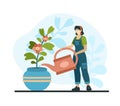 Professional home plant care. Female character with watering indoor flower in vase