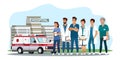 Professional hospital staff stand in clinic yard Royalty Free Stock Photo