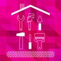 PROFESSIONAL HOUSE REMODELING. Set of repair thin line tools on the bright pink polygonal background. Silhouette of the roof and