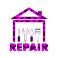 PROFESSIONAL HOUSE REMODELING. Silhouette of the house and a set of tools for repair. Repair lettering in violet color.Print