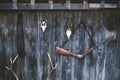 Professional hunters equipment for hunting. Rifle, Deer, Roe deer trophy sculs and others on a wooden black background. Trophy scu Royalty Free Stock Photo