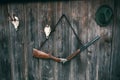 Professional hunters equipment for hunting. Rifle, Deer, Roe deer trophy sculs and others on a wooden black background. Trophy scu Royalty Free Stock Photo