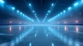 Professional ice arena showcases empty skating rink with glossy surface reflecting bright stadium lights. AI generated