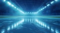 Professional ice arena showcases empty skating rink with glossy surface reflecting bright stadium lights. AI generated