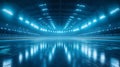 Professional ice arena showcases empty skating rink with glossy surface reflecting bright stadium lights. AI generated