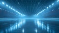 Professional ice arena showcases empty skating rink with glossy surface reflecting bright stadium lights. AI generated