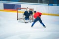 Professional ice hockey player on the ice hockey stadium train together with goalie. Sport photo, edit space, winter game Pyeongch Royalty Free Stock Photo